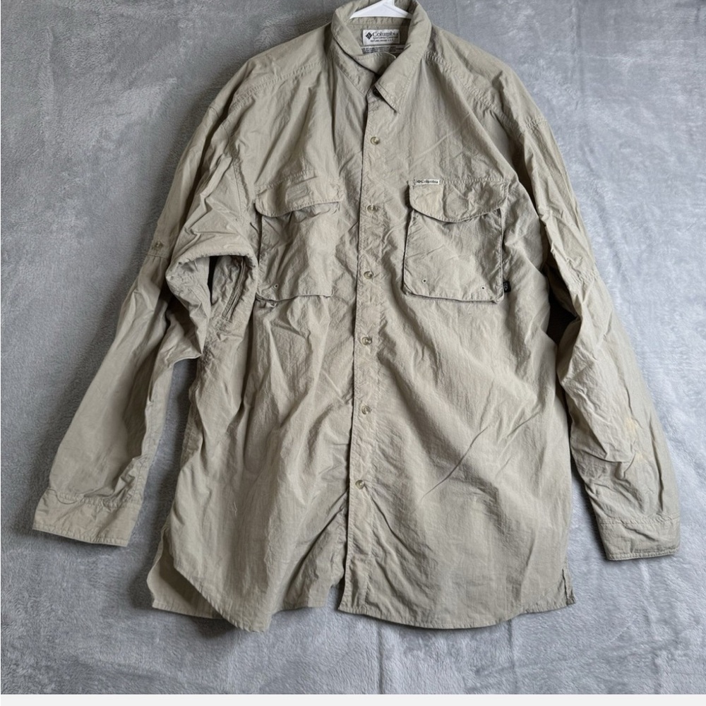 VTG Columbia Shirt Men 2XL Beige Long Sleeve Fishing Vented Hiking Cotton FLAW